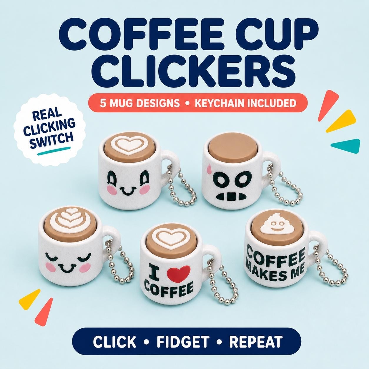 Coffee Cup Fidget Clicker Keychain, 3D Printed Coffee Lover Gift