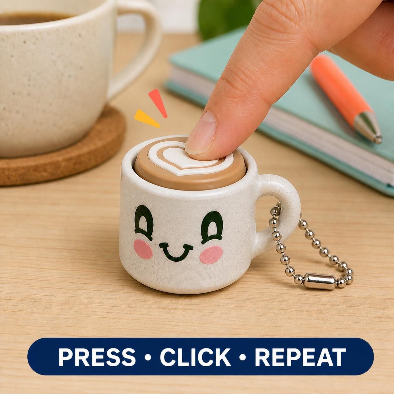 A finger pressing the heart top of a coffee cup fidget clicker keychain.