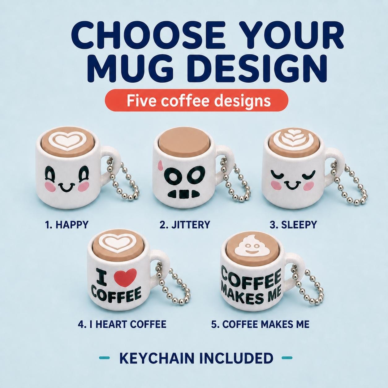 Coffee cup clicker design guide showing Happy, Jittery, Sleepy and two coffee slogan options.