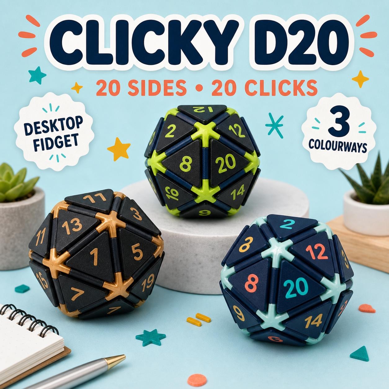Three Clicky D20 desktop fidgets in Neon Quest, Copper Forge and Y3D Pop colourways.