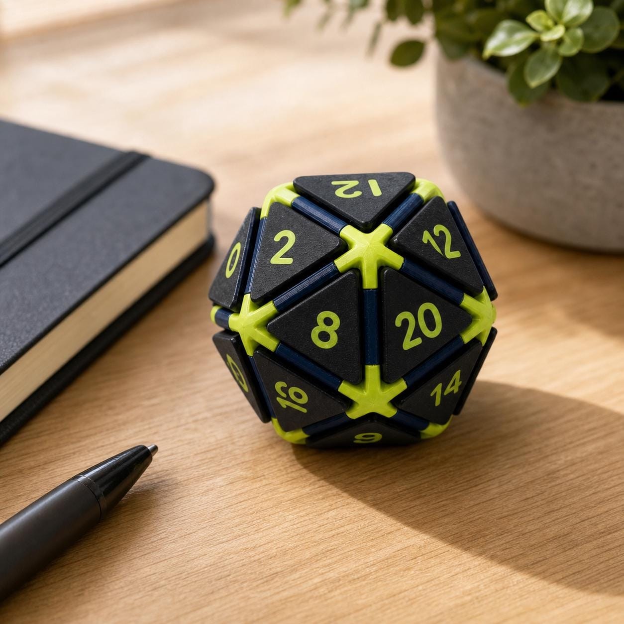 Neon Quest Clicky D20 fidget on a wooden desk beside a notebook and pen.