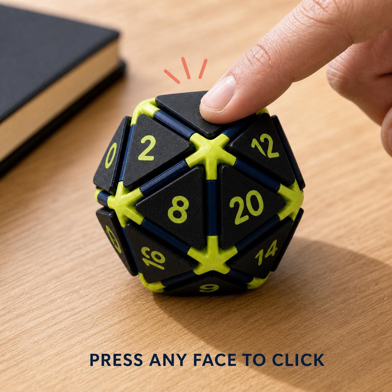 A finger pressing one triangular mechanical button on a Clicky D20 desk fidget.