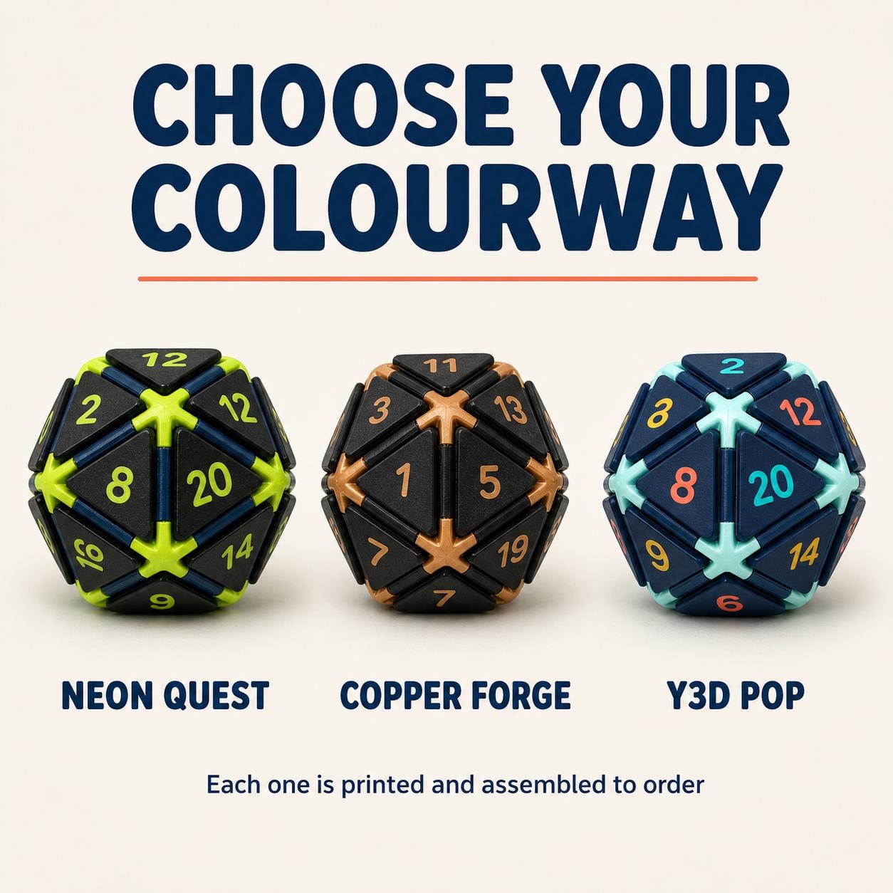 Colour guide for Neon Quest, Copper Forge and Y3D Pop Clicky D20 fidgets.