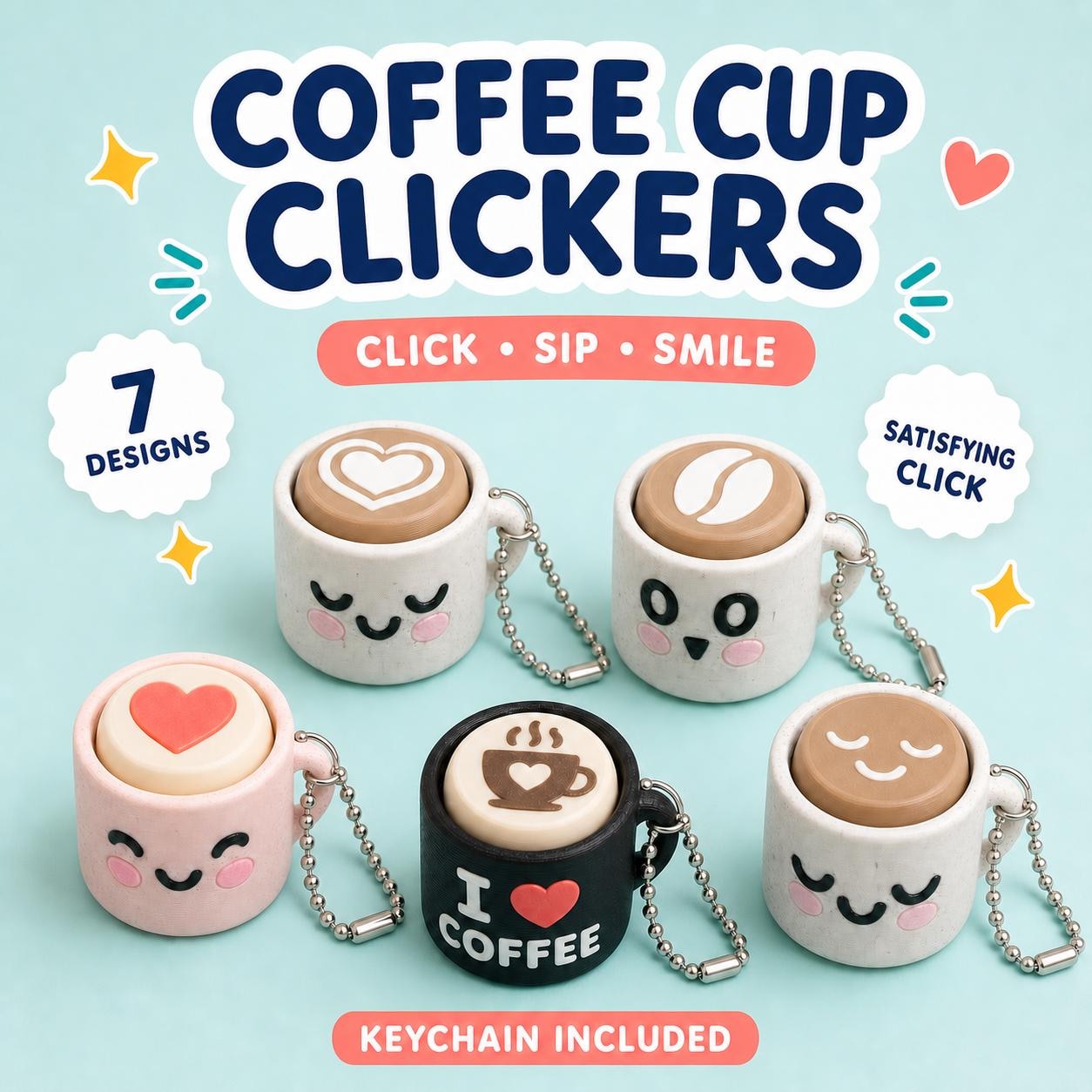 Coffee cup fidget clicker keychains in seven coffee-inspired designs.