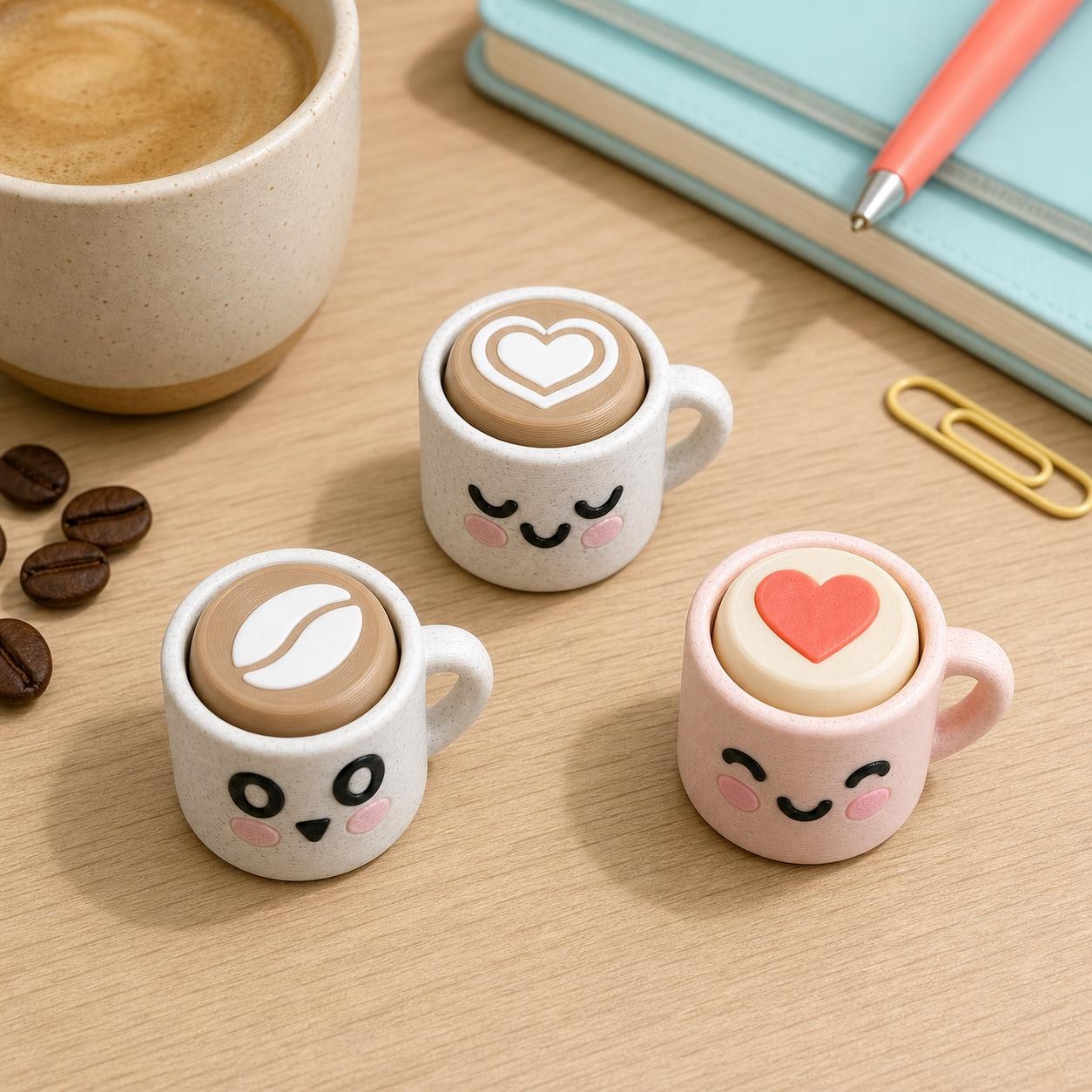 Three small 3D printed coffee mug clickers on a desk beside a real coffee cup.