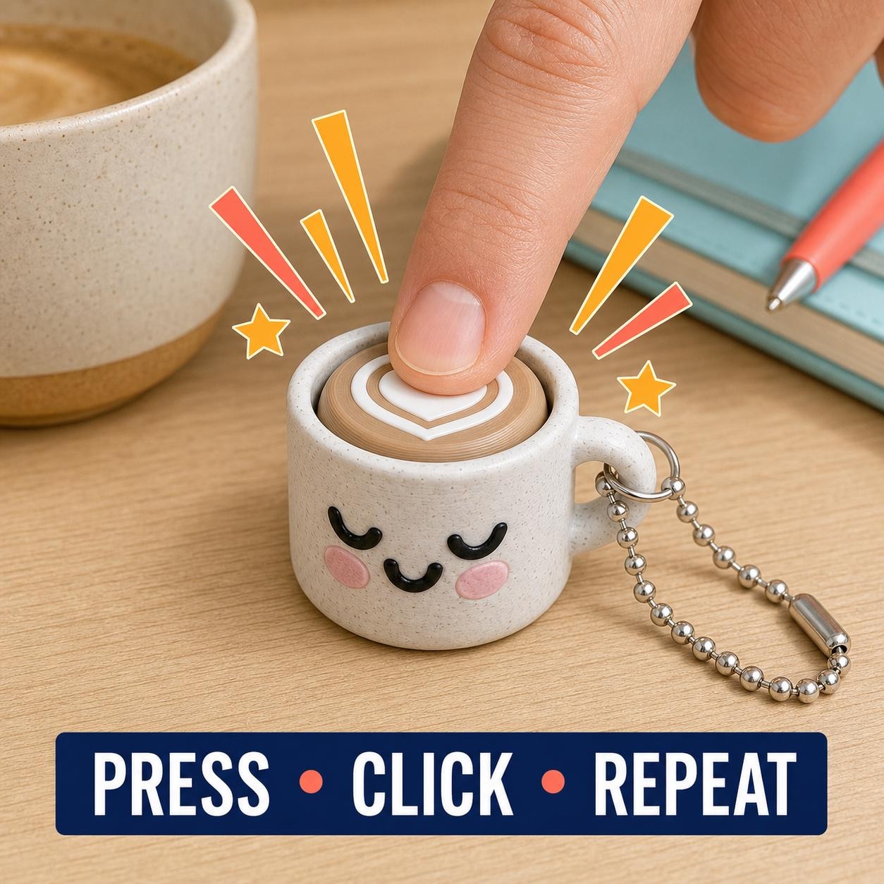 A finger pressing the circular top of a coffee cup fidget clicker with its keychain attached.