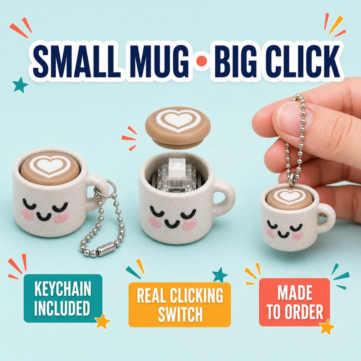 Coffee mug clicker showing the included keychain and mechanical clicking switch.