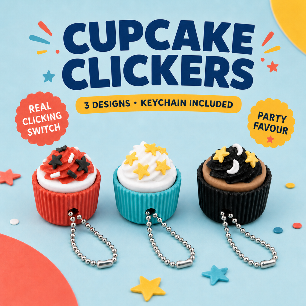 Three cupcake fidget clicker keychains in Stars and Sprinkles, Stars, and Stars and Moons designs.