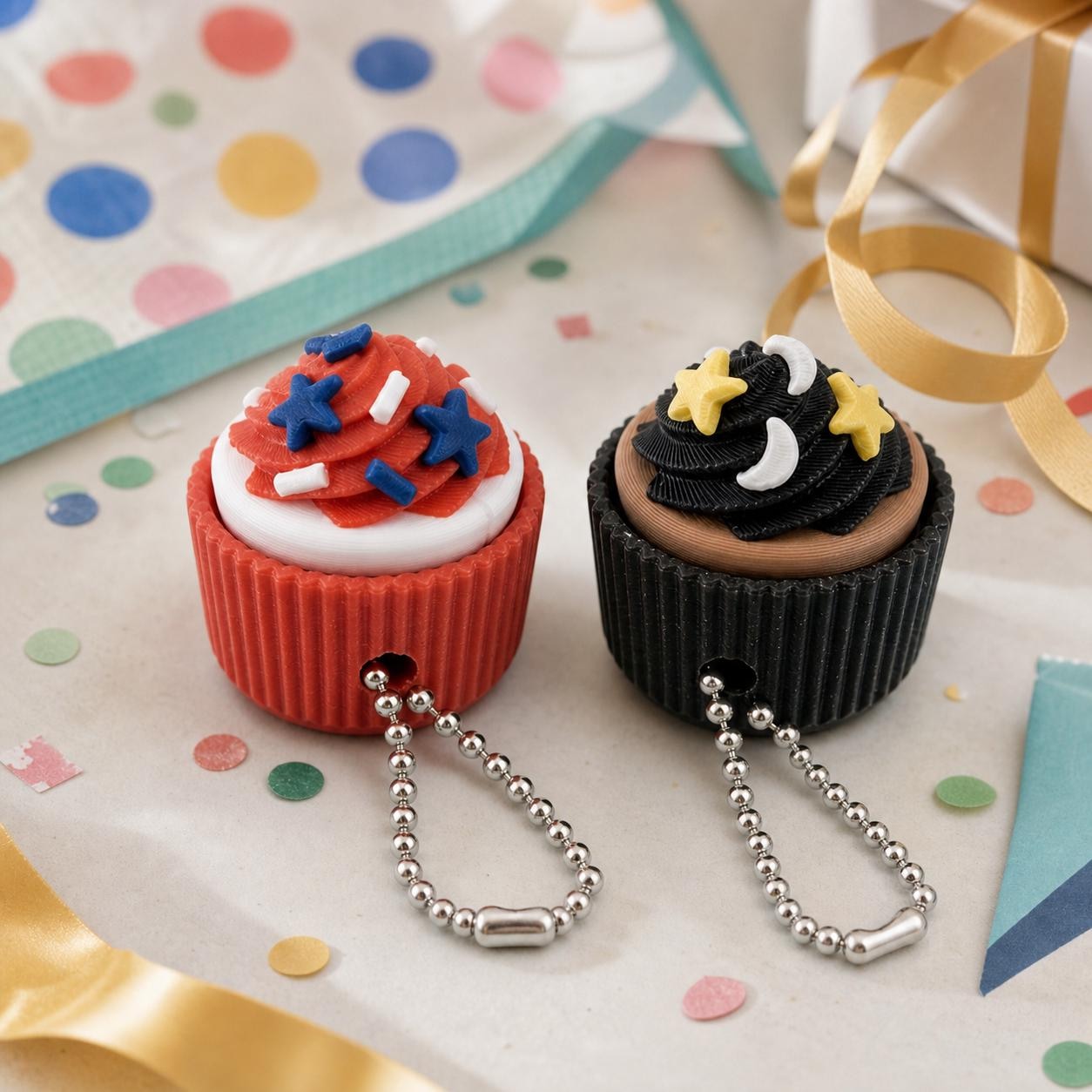 Colourful cupcake clicker keychains presented as small birthday and party gifts.