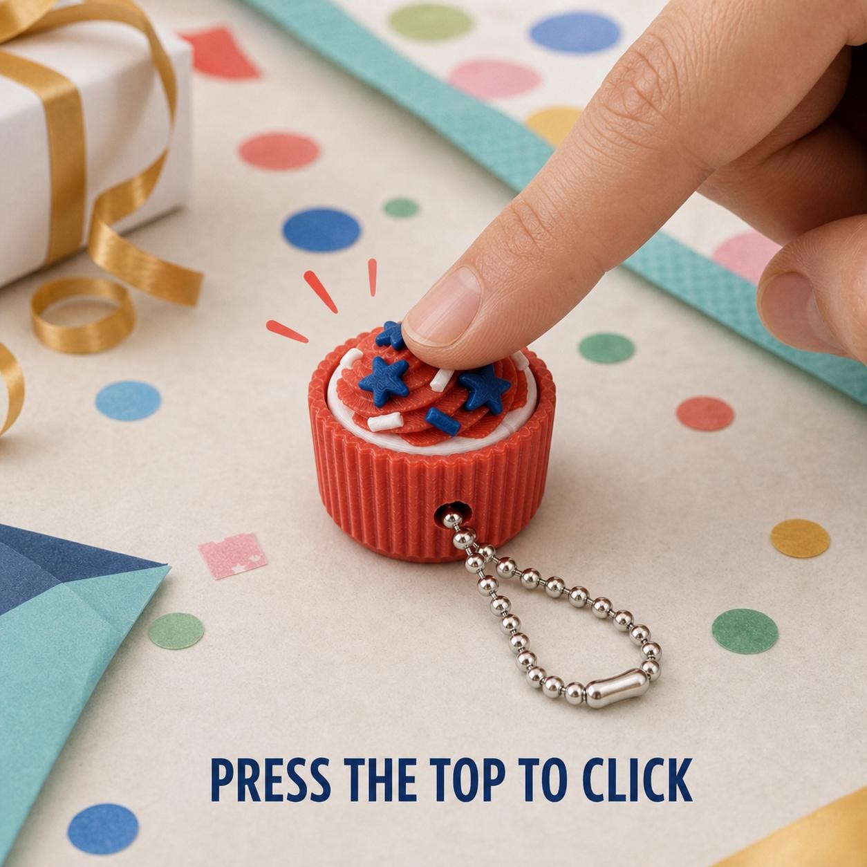 A finger visibly pressing the frosting top of a cupcake mechanical clicker keychain.