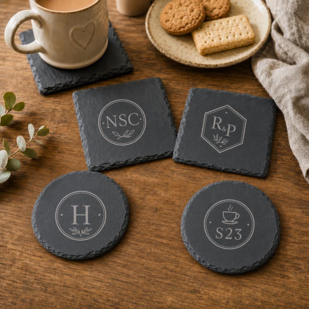 Custom Logo Slate Coasters, Personalised Business Monogram Gift (Set of 4)