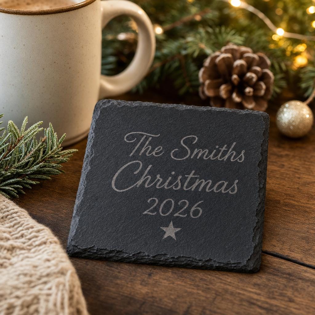 Personalised Christmas Slate Coaster, Engraved Family Gift, Round or Square