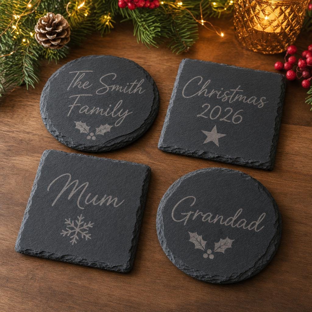 Personalised Christmas Slate Coaster, Engraved Family Gift, Round or Square