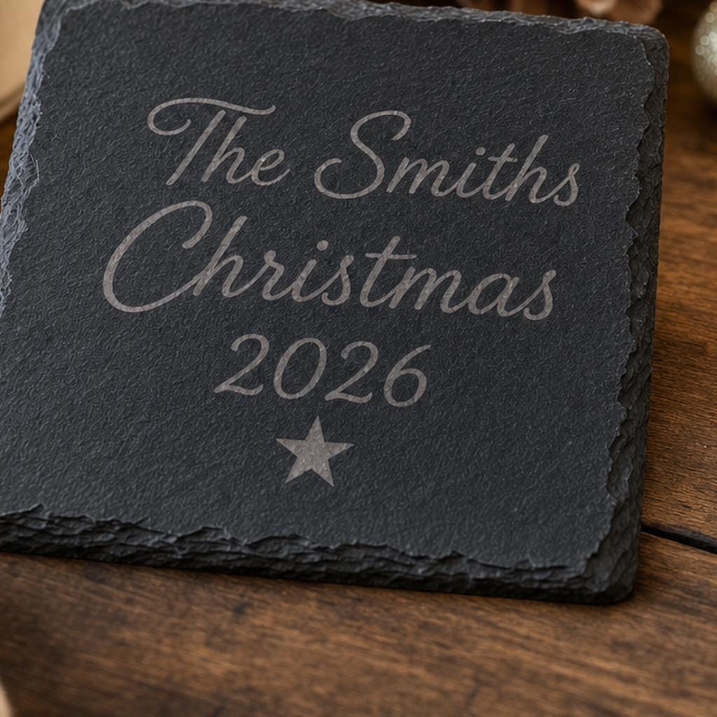 Personalised Christmas Slate Coaster, Engraved Family Gift, Round or Square