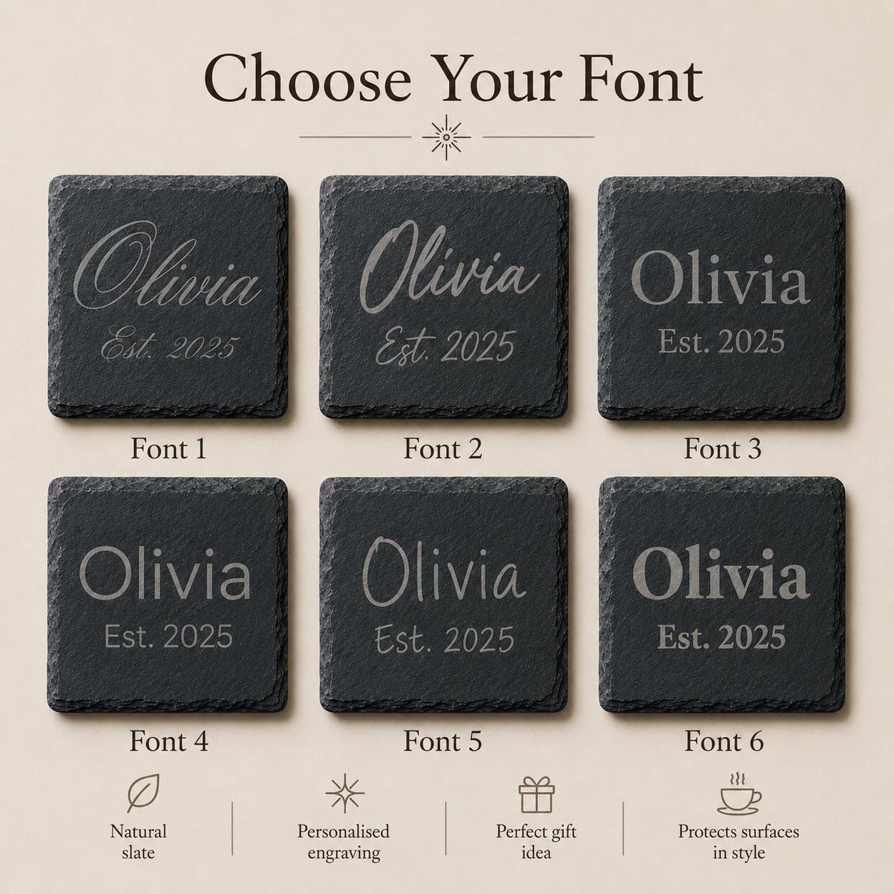 Personalised Laser Engraved Slate Coaster, Round or Square Drink Mat