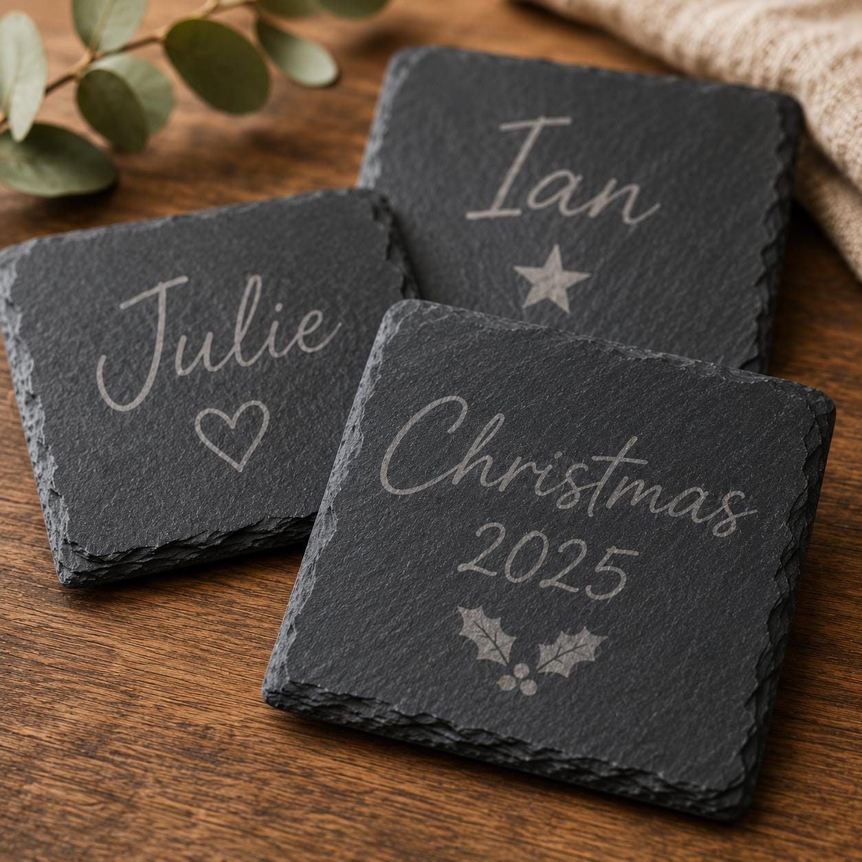 Personalised Laser Engraved Slate Coaster, Round or Square Drink Mat