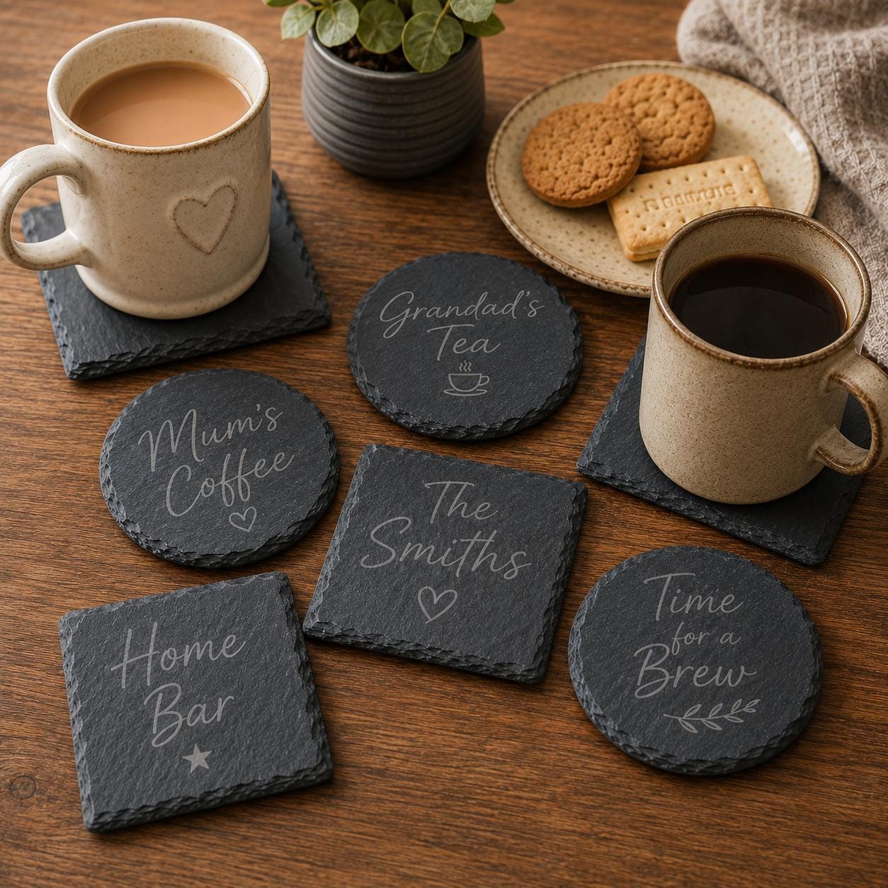 Personalised Laser Engraved Slate Coaster, Round or Square Drink Mat