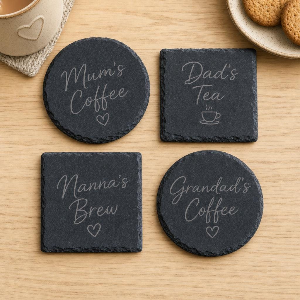 Personalised Mum or Dad Slate Coaster, Tea Coffee Gift, Round or Square