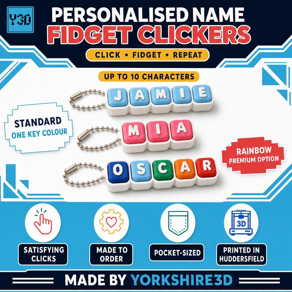 Personalised name keycap fidget clicker keychains in Standard and Rainbow colour styles.