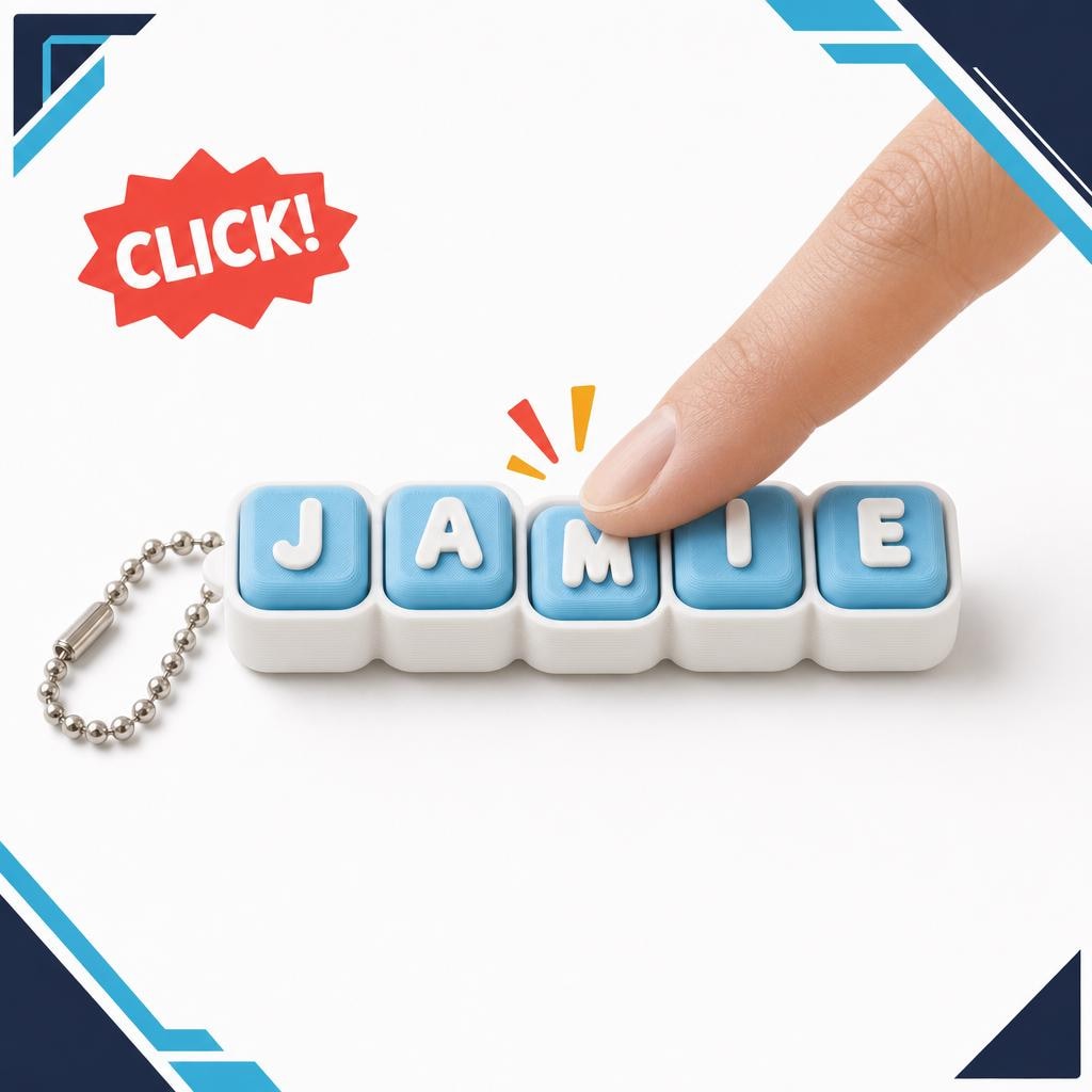 A finger pressing one clickable key on a personalised name clicker keychain.