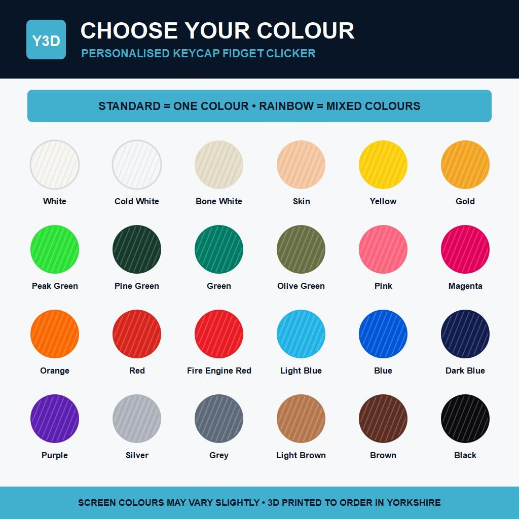 Yorkshire3D PLA colour chart showing the available base, button and text colours.