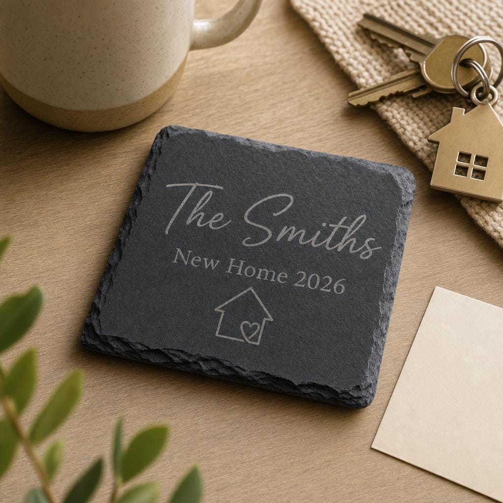 Personalised New Home Slate Coaster, Engraved Housewarming Gift, Round or Square