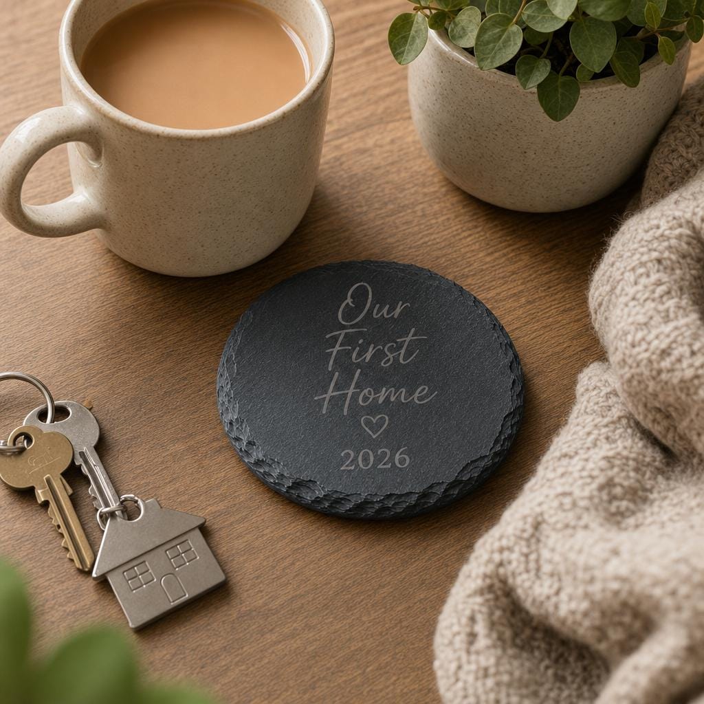 Personalised New Home Slate Coaster, Engraved Housewarming Gift, Round or Square