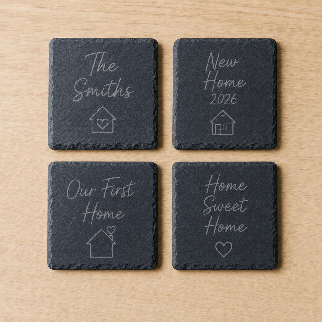 Personalised New Home Slate Coaster, Engraved Housewarming Gift, Round or Square