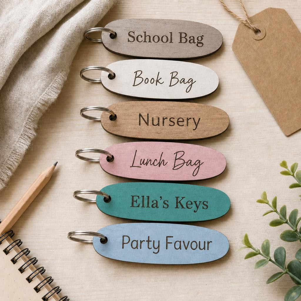 Personalised Oval Wooden School Bag Keyring, Engraved Kids Name Tag, Nursery Gift or Party Bag Favour shown as back to school painted wooden keyring examples.