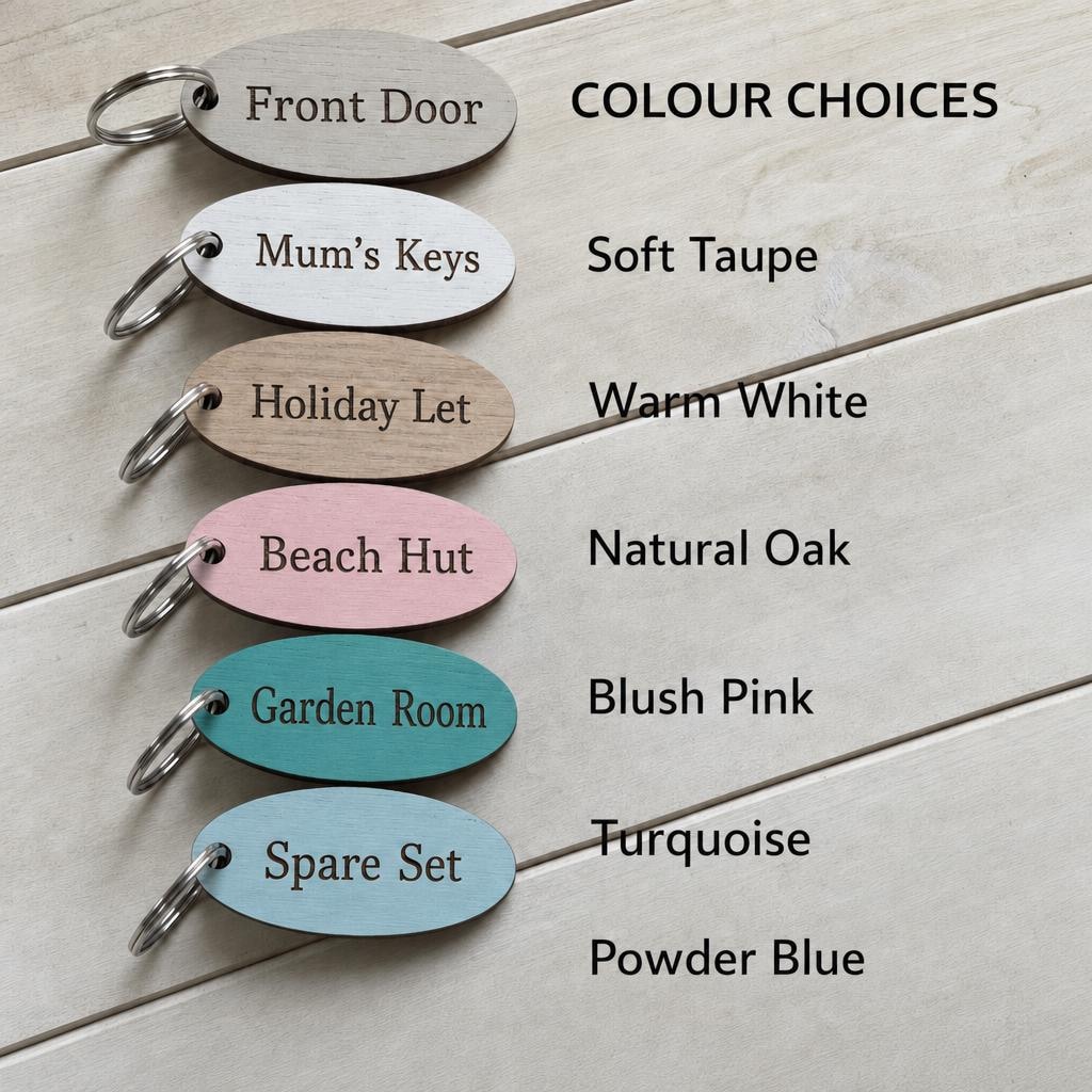 Colour options for oval personalised school bag keyrings.