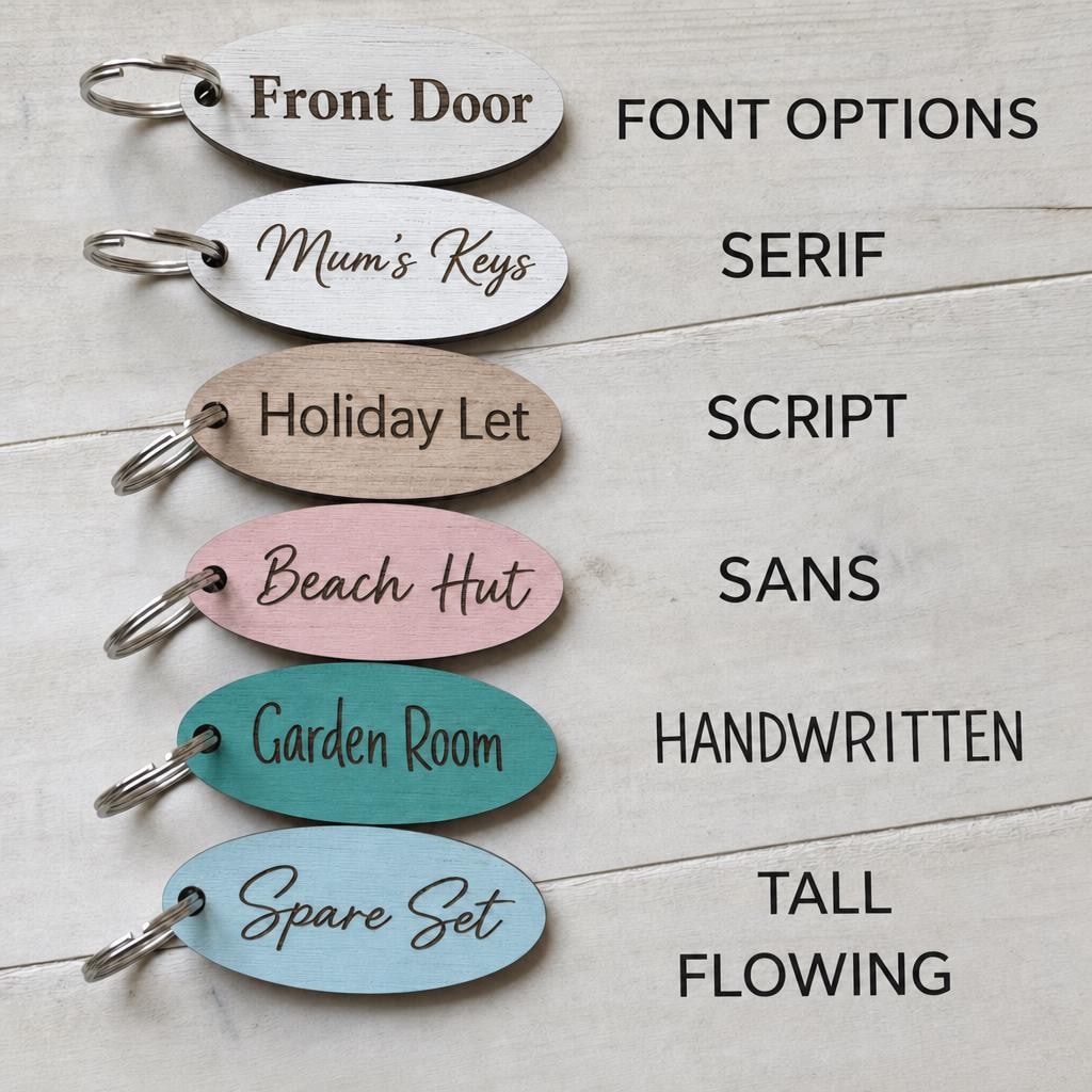 Font options for oval personalised school bag keyrings.
