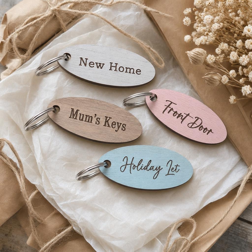 Gift close-up of a personalised oval wooden keyring.