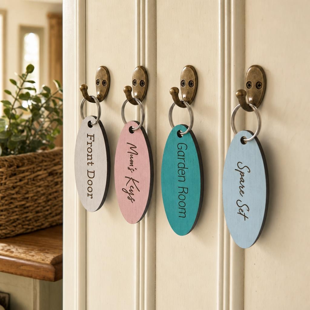 oval wooden keyrings shown on hallway hooks.