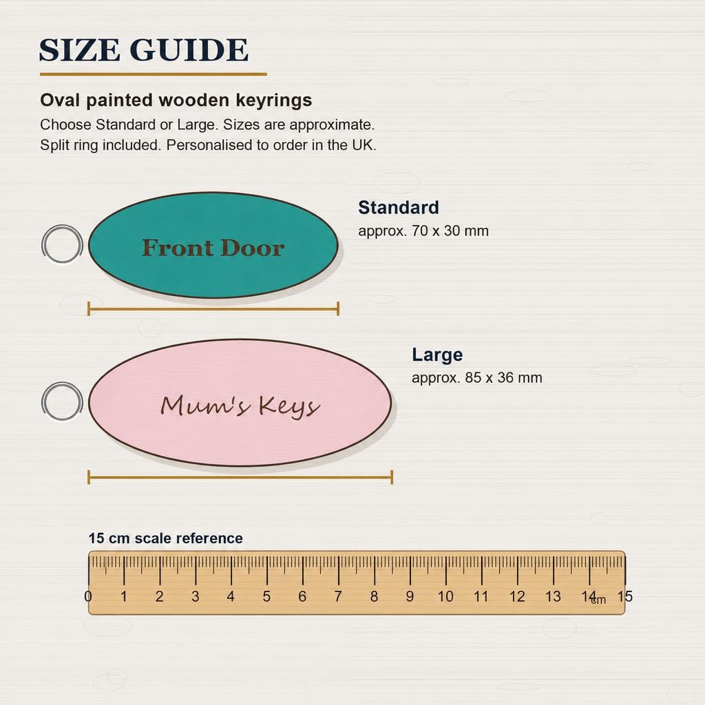 15 cm size guide showing Standard and Large oval keyring sizes.