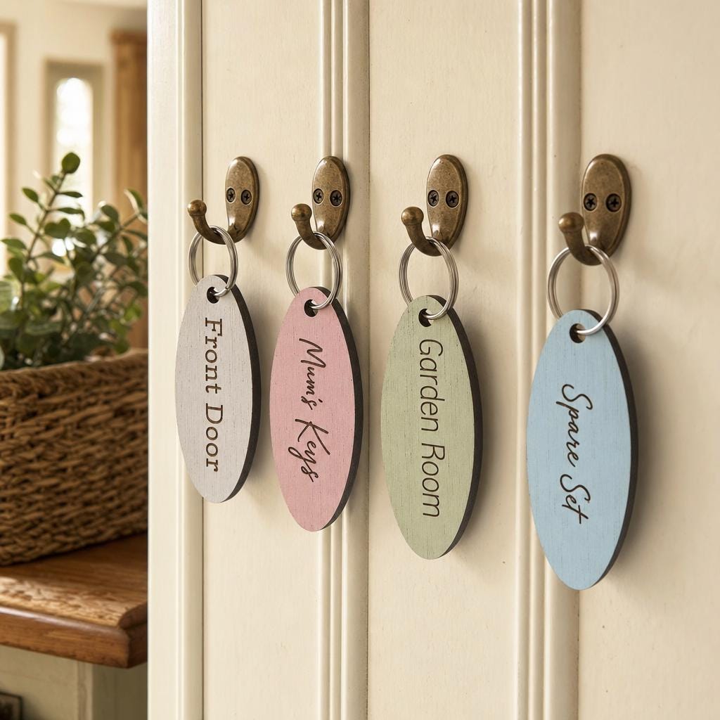 Personalised Oval Wooden Keyring, Garden Shed Studio Workshop Key Fob