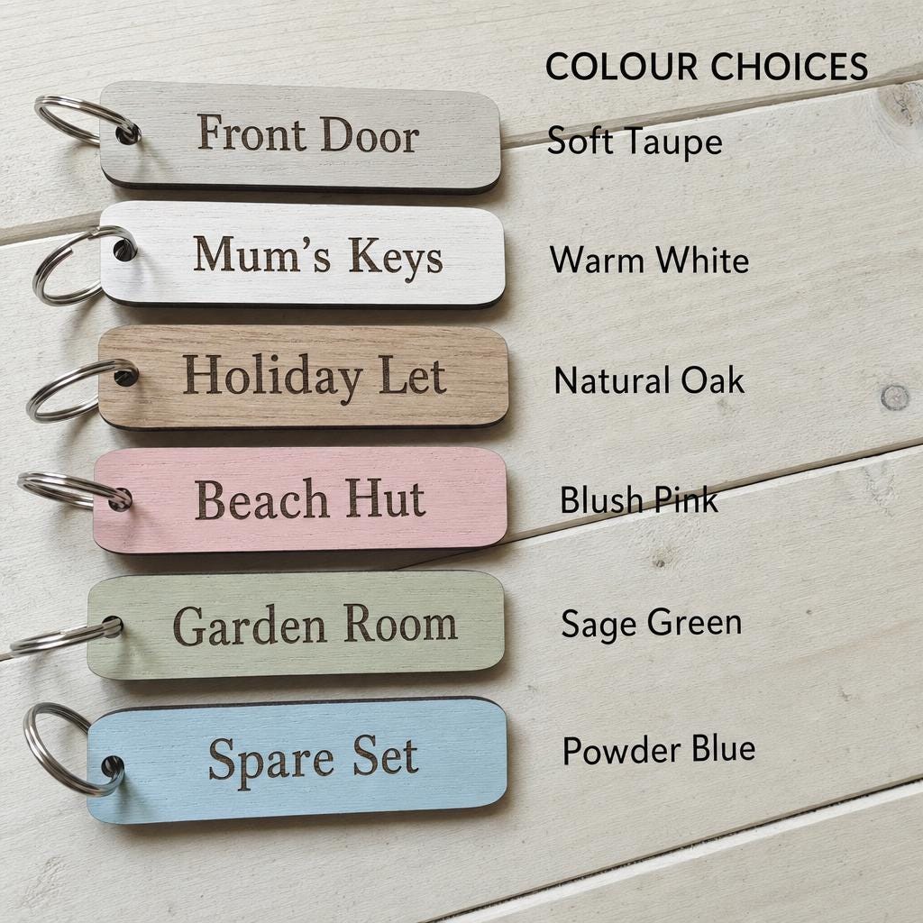 Personalised Rectangular Wooden Key Fob, Laser Engraved Holiday Let Keyring