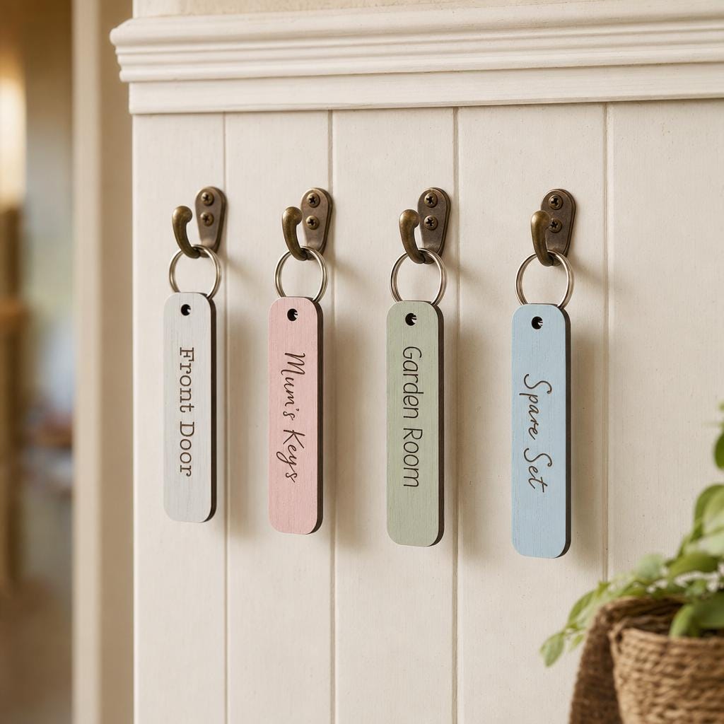 Personalised Rectangular Wooden Key Fob, New Home House Keys Gift