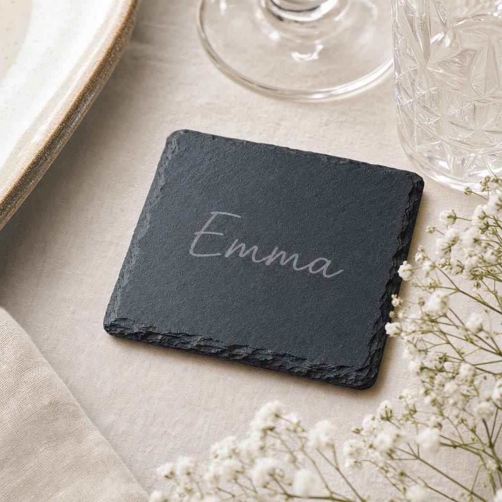 Personalised Slate Wedding Place Name Coaster, Table Favour, Round or Square