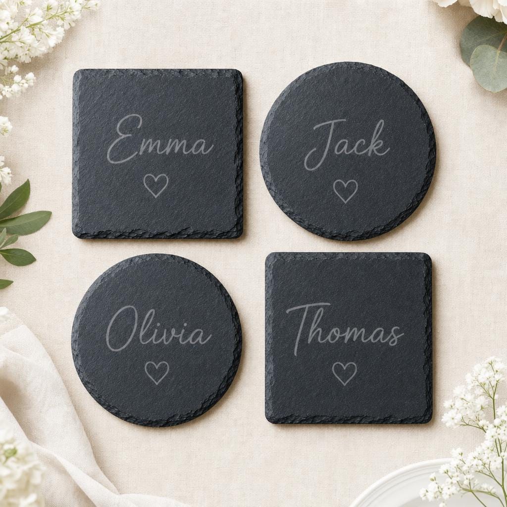 Personalised Slate Wedding Place Name Coaster, Table Favour, Round or Square