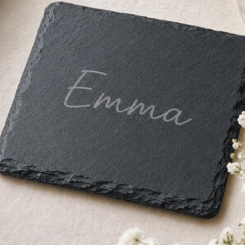 Personalised Slate Wedding Place Name Coaster, Table Favour, Round or Square