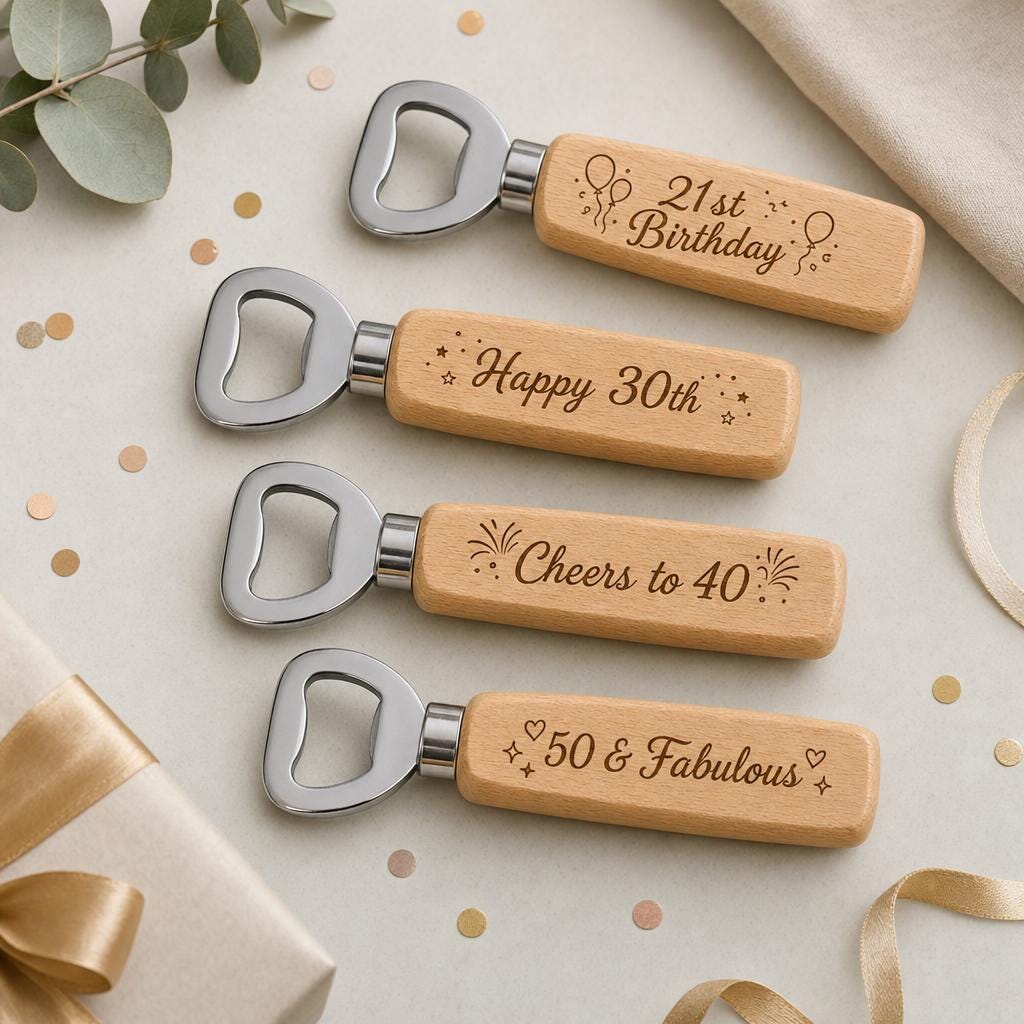Personalised Wooden Bottle Opener Birthday Gift for Him, Custom Engraved Opener