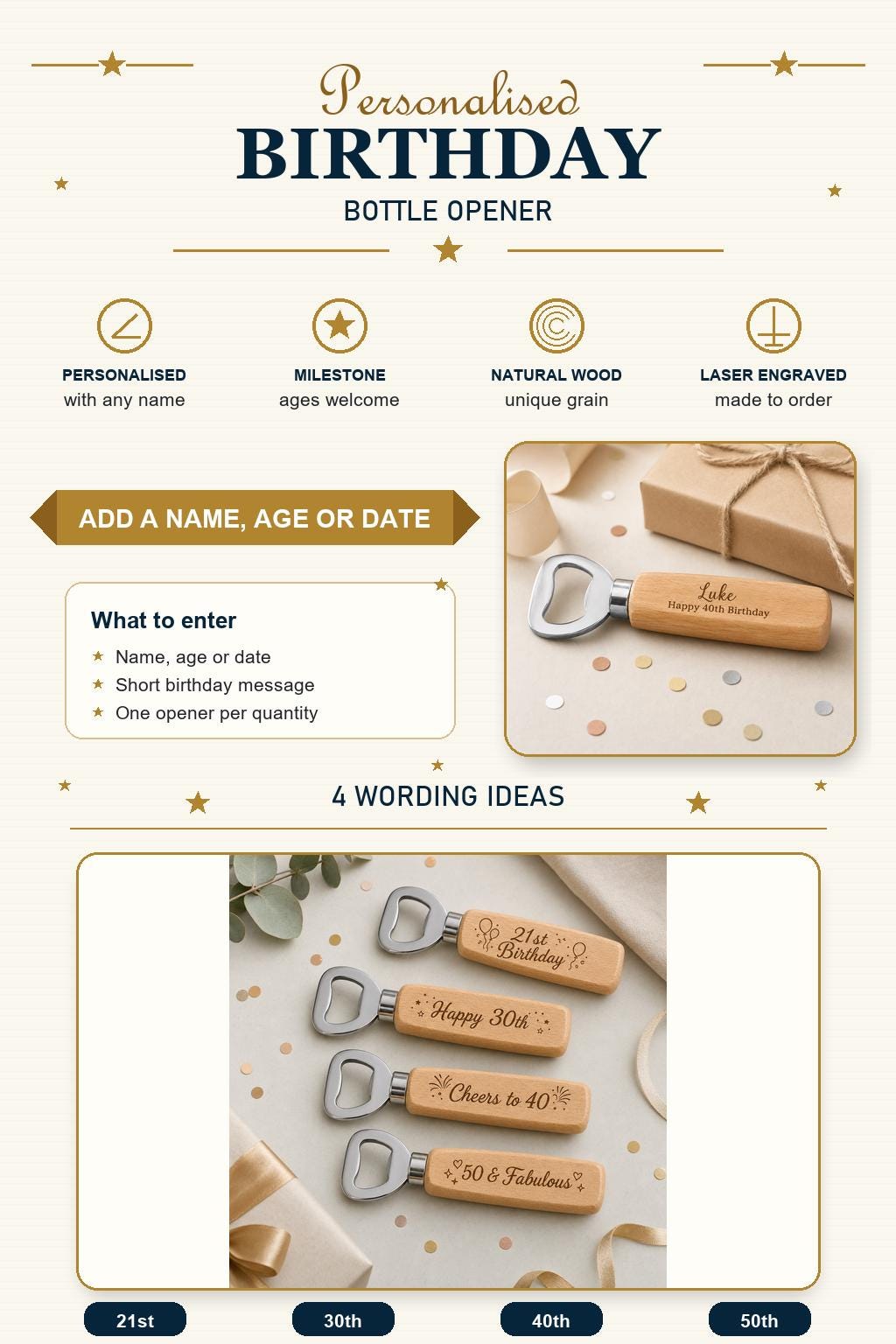 Personalised Wooden Bottle Opener Birthday Gift for Him, Custom Engraved Opener