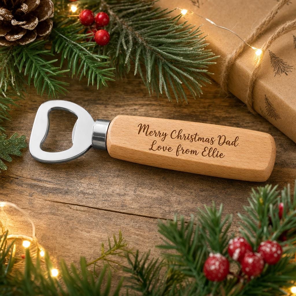 Personalised Wooden Bottle Opener Christmas Gift, Stocking Filler for Him
