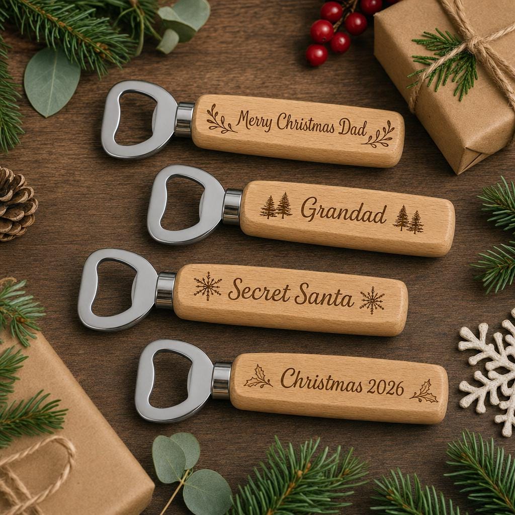 Personalised Wooden Bottle Opener Christmas Gift, Stocking Filler for Him