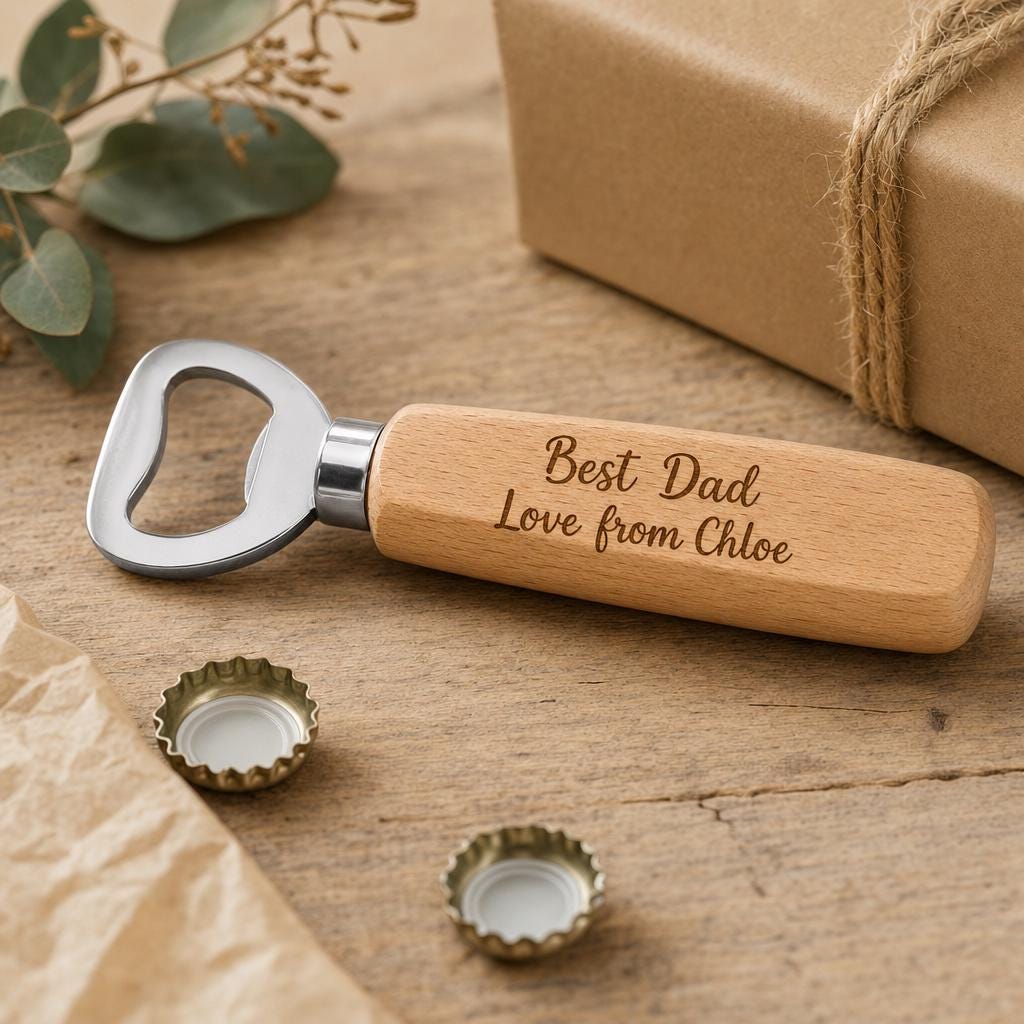Personalised Wooden Bottle Opener, Engraved Gift for Dad or Grandad