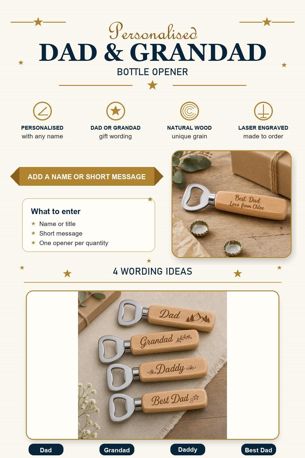 Personalised Wooden Bottle Opener, Engraved Gift for Dad or Grandad