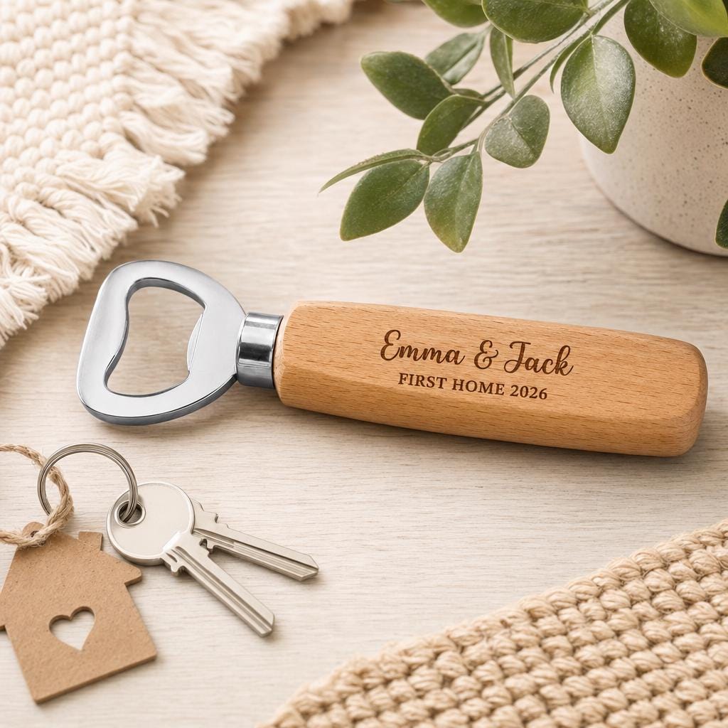 Personalised Wooden Bottle Opener for New Home, Housewarming Gift for Couples