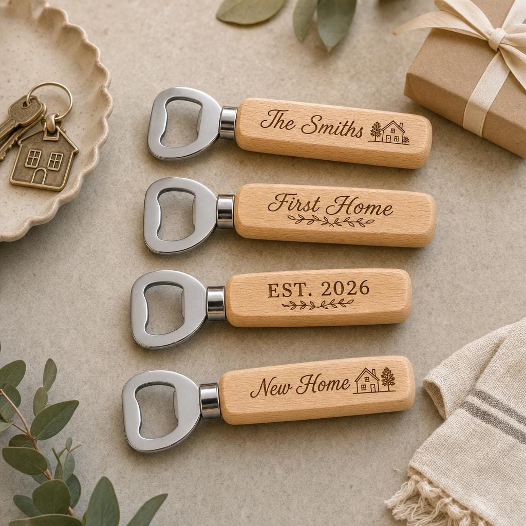 Personalised Wooden Bottle Opener for New Home, Housewarming Gift for Couples