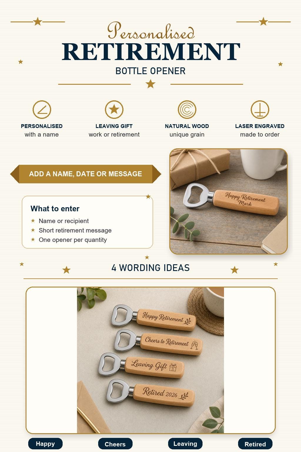 Personalised Wooden Bottle Opener Retirement Gift, Leaving Gift for Him