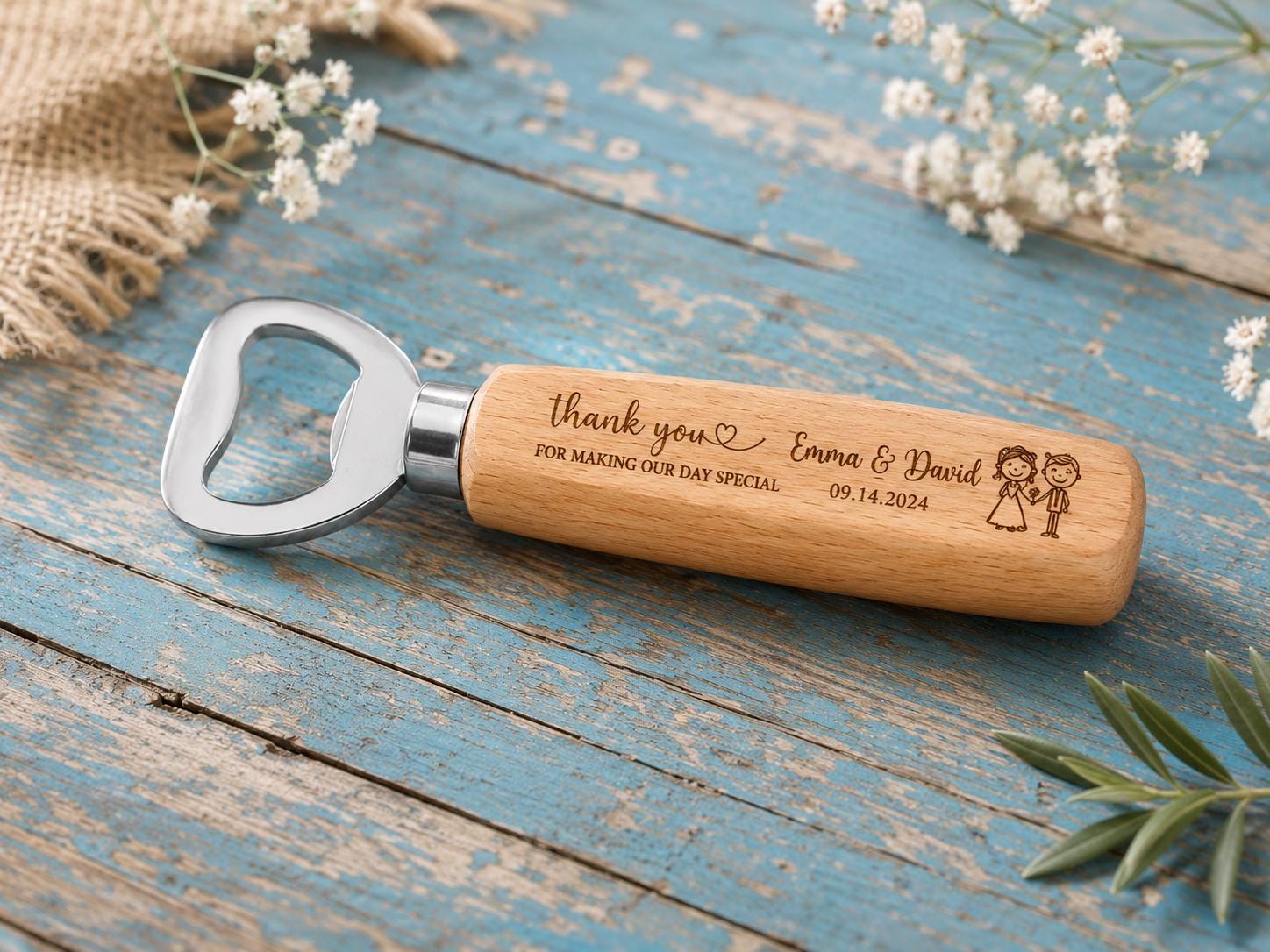 Personalised Wooden Bottle Opener Wedding Favour, Engraved Guest Gift